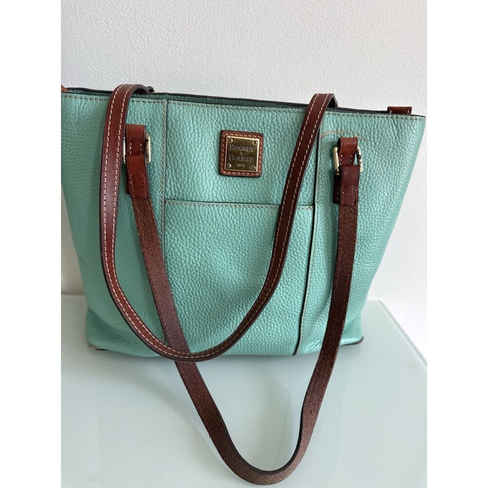 Dooney & Bourke Aqua Pebble Leather Tote Shoulder Bag Brown Trim Red Lining